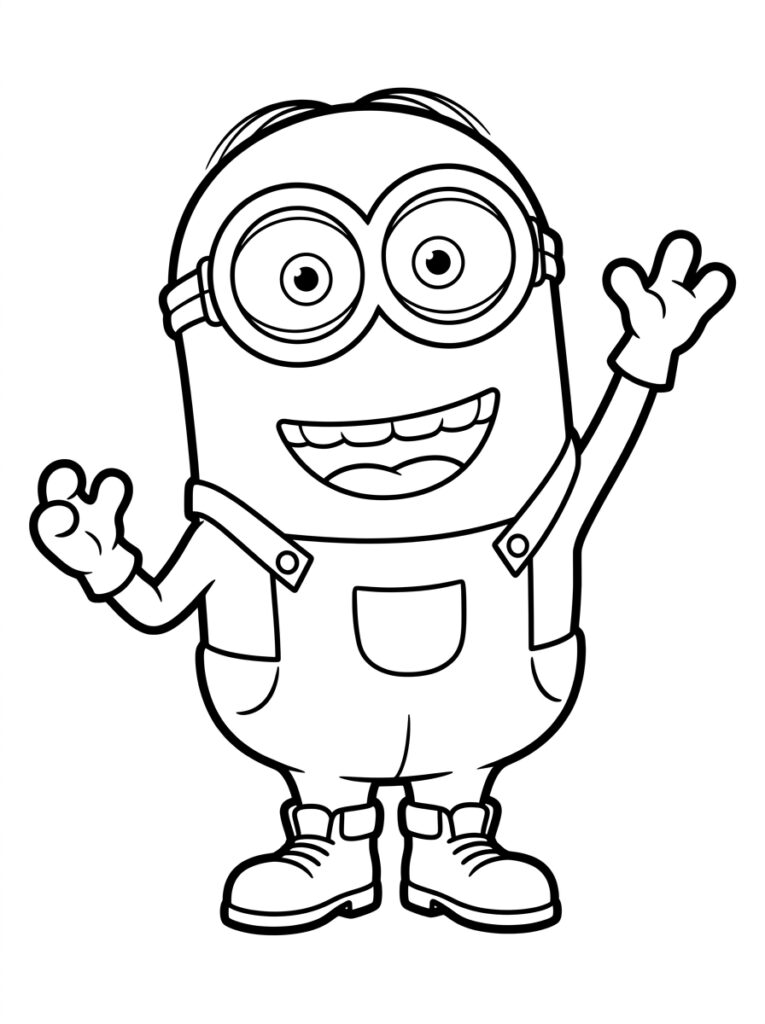Kleurplaat van een Minion met twee ogen, grote glimlach en beide handen opgeheven