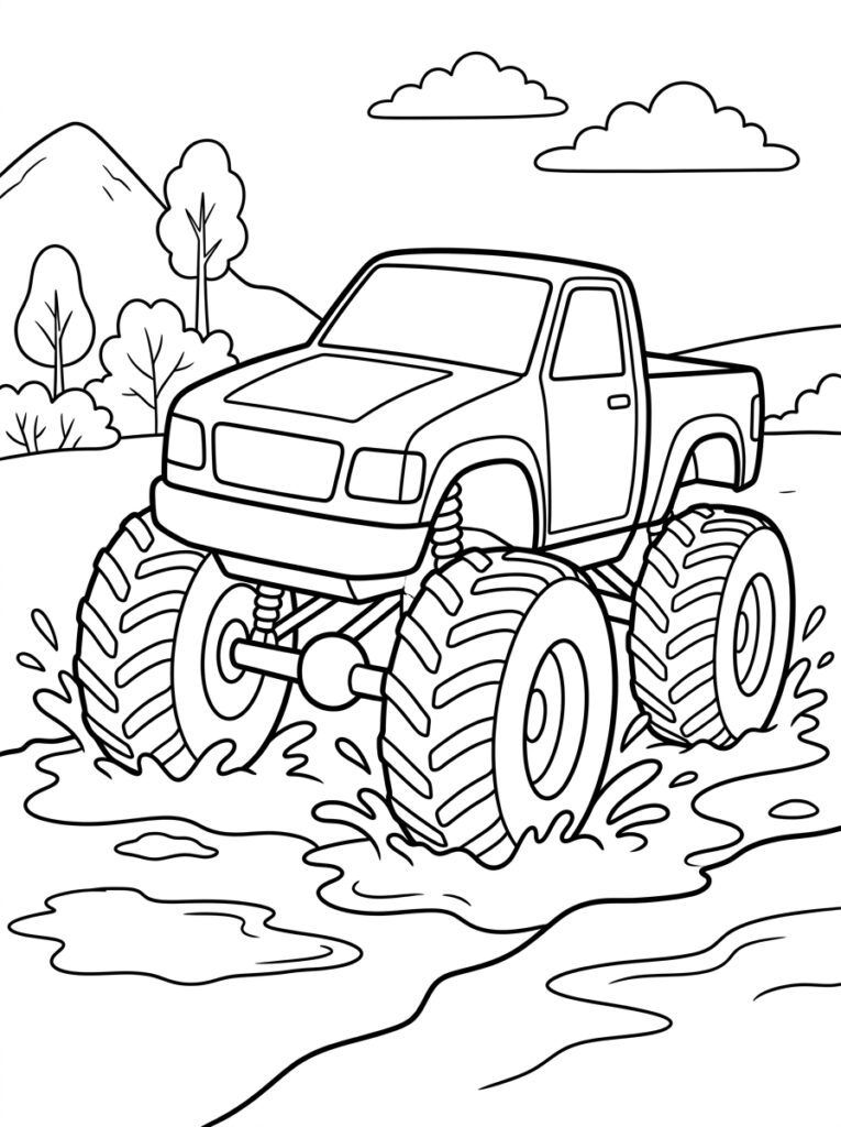 Kleurplaat van een monstertruck met grote wielen die door modder rijdt met opspattend water, bomen, heuvels en wolken op de achtergrond