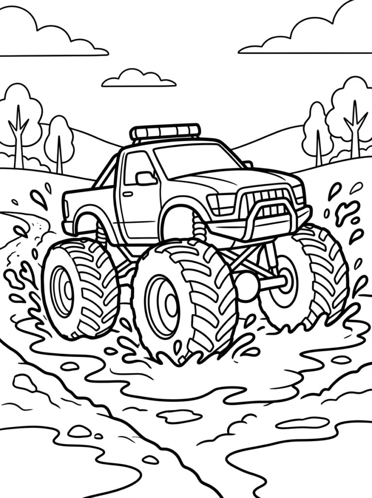 Kleurplaat van een monstertruck met lichtbalk op het dak die modder laat opspatten met bomen en wolken op de achtergrond