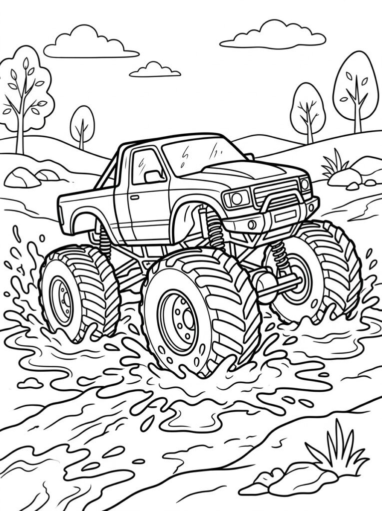 Kleurplaat van een monstertruck met grote wielen die door modder rijdt met opspattend water, bomen, rotsen en heuvels op de achtergrond