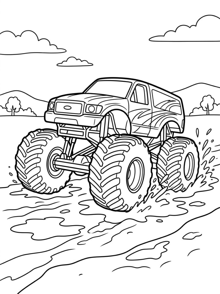 Kleurplaat van een monstertruck met grafische decals op de zijkant die door modder rijdt met opspattend water en wolken op de achtergrond