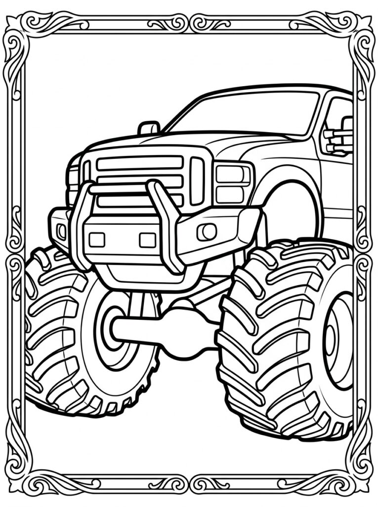 Kleurplaat van een monstertruck in een ornamentale decoratieve lijst