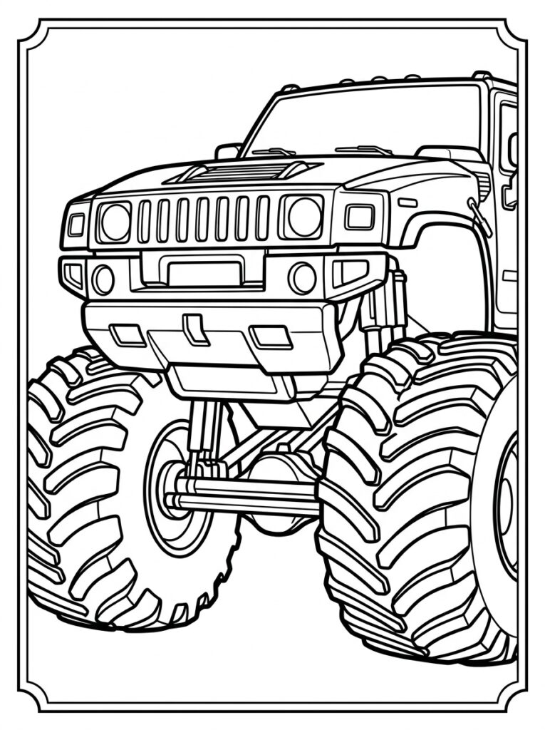 Kleurplaat van een Hummer-stijl monstertruck in een rechthoekige lijst met afgeronde hoeken