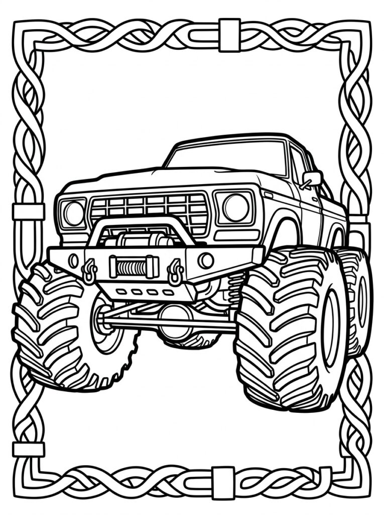 Kleurplaat van een monstertruck met brede banden in een gevlochten Keltische rand