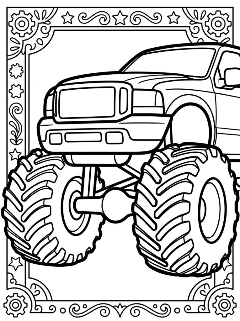 Kleurplaat van een monstertruck in een rand met tandwielen, sterren en krullen