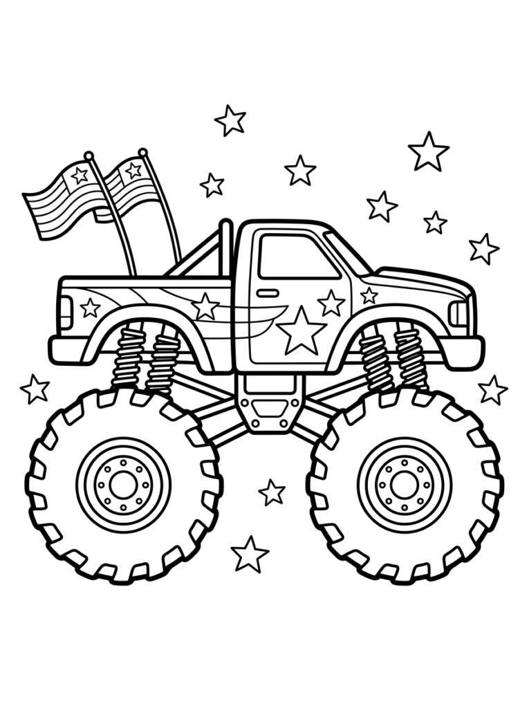 Kleurplaat van een monstertruck met sterren op de carrosserie en twee wapperende Amerikaanse vlaggen