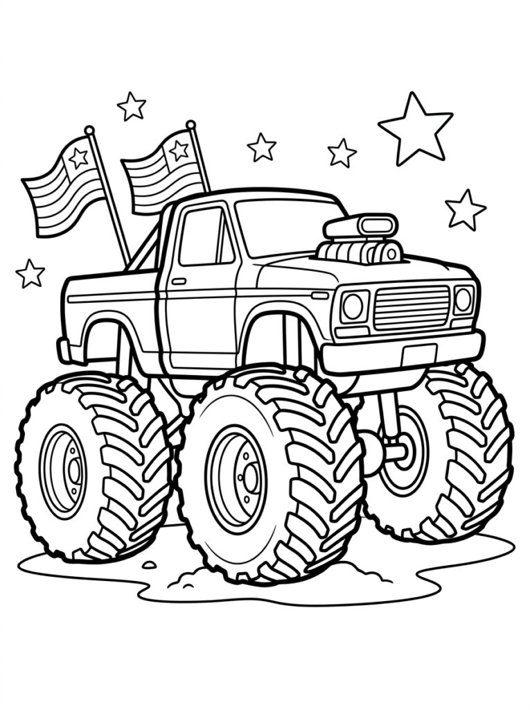 Kleurplaat van een monstertruck met supercharger op de motorkap, twee vlaggen en sterren