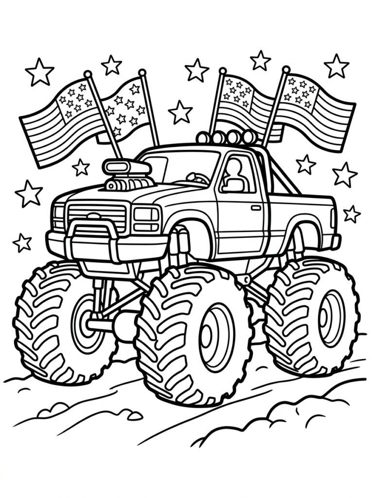 Kleurplaat van een monstertruck met vier Amerikaanse vlaggen, sterren, supercharger en bestuurder