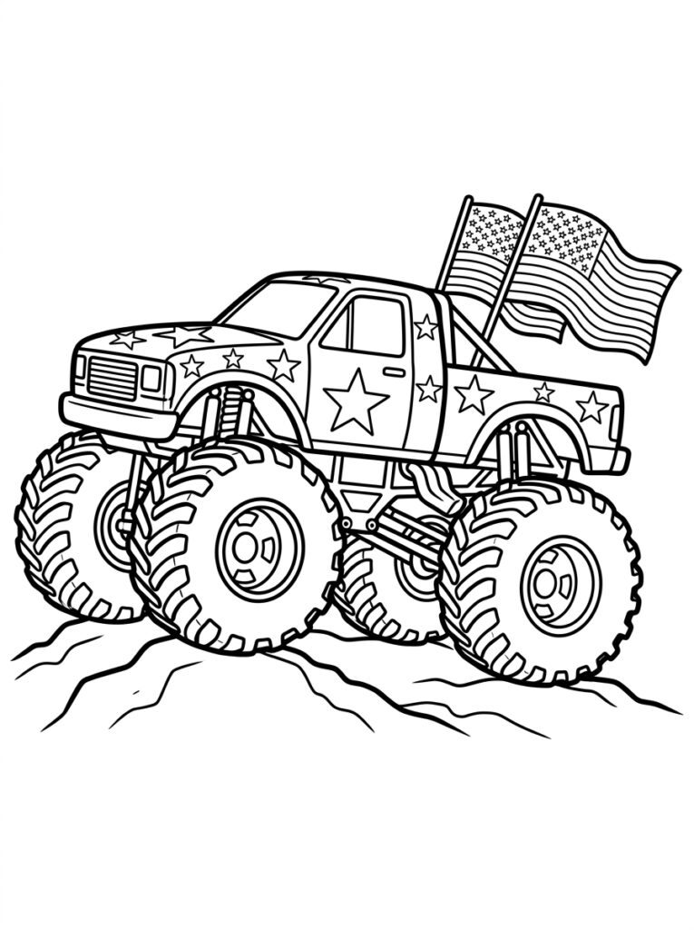 Kleurplaat van een met sterren bedekte monstertruck met twee Amerikaanse vlaggen op oneffen terrein