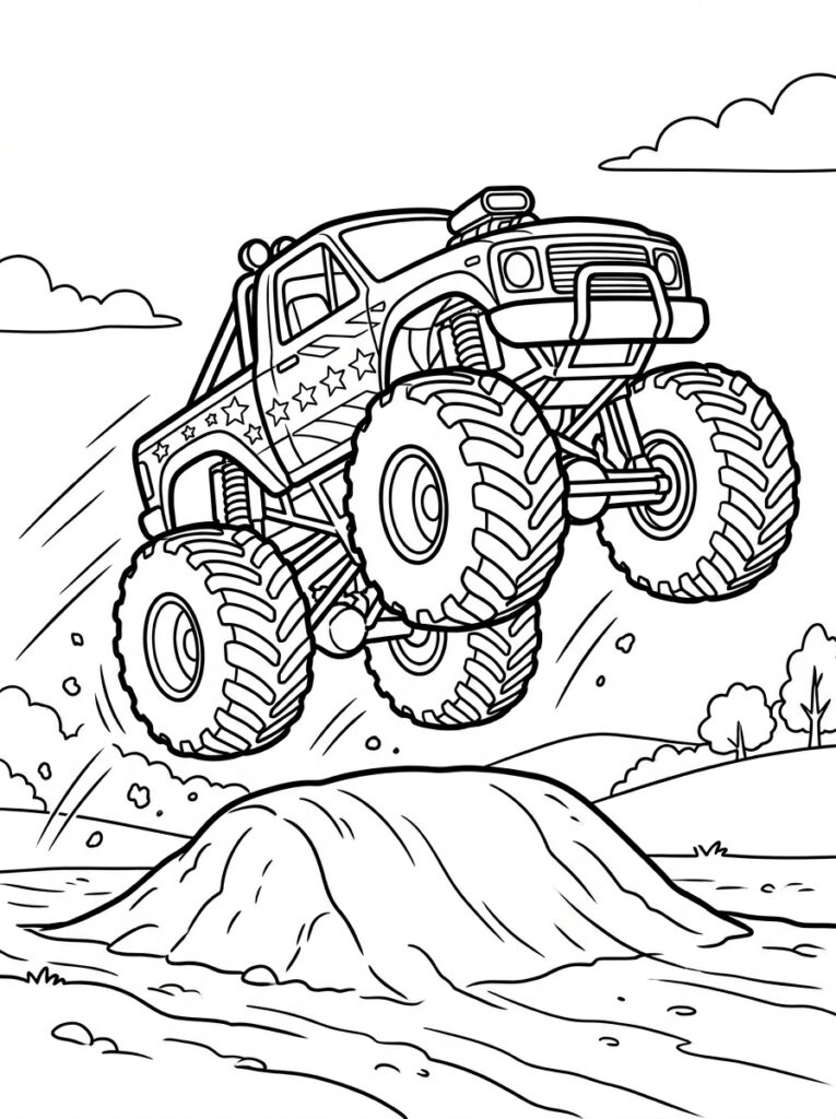 Kleurplaat van een monstertruck met sterren die over een zandheuvel springt met bewegingseffecten, bomen en wolken