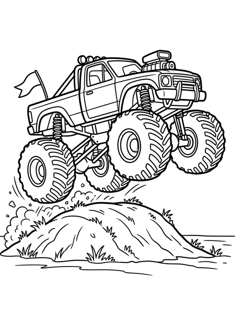 Kleurplaat van een monstertruck met supercharger en vlag die een zandheuvel oprijdt met gras en wolken