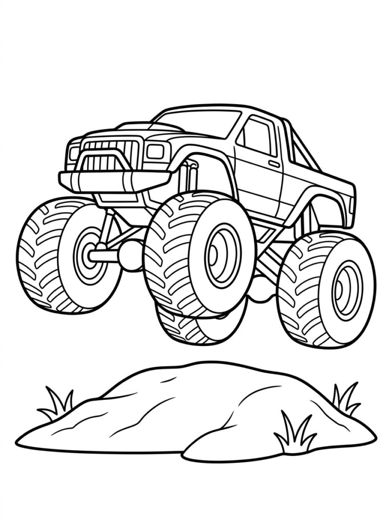 Kleurplaat van een monstertruck met grote wielen die boven een grasheuvel springt