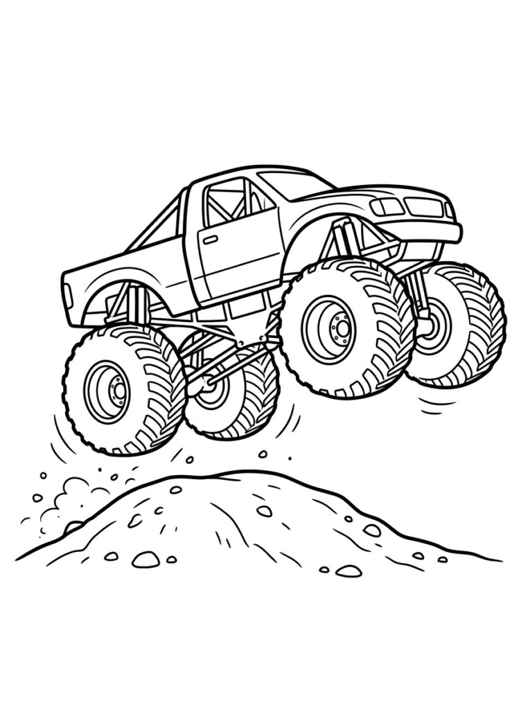 Kleurplaat van een monstertruck met open deur en grote wielen op een rotsachtige heuvel met gras
