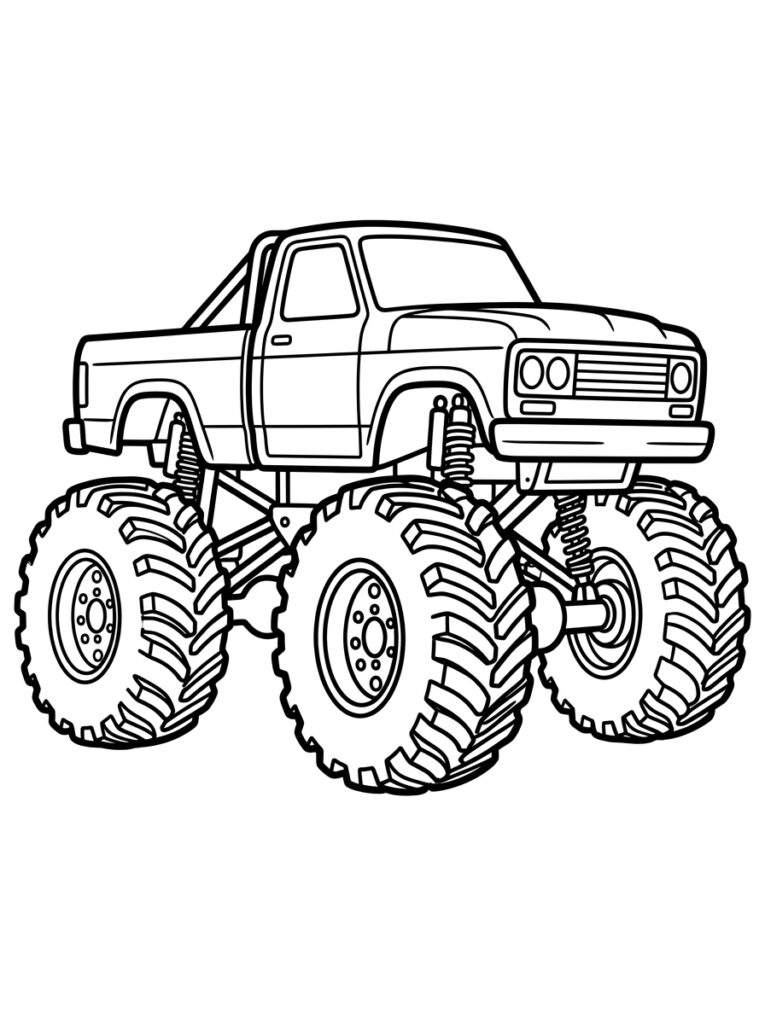 Kleurplaat van een monstertruck met grote wielen die een heuvel afrijdt met opspattend grind