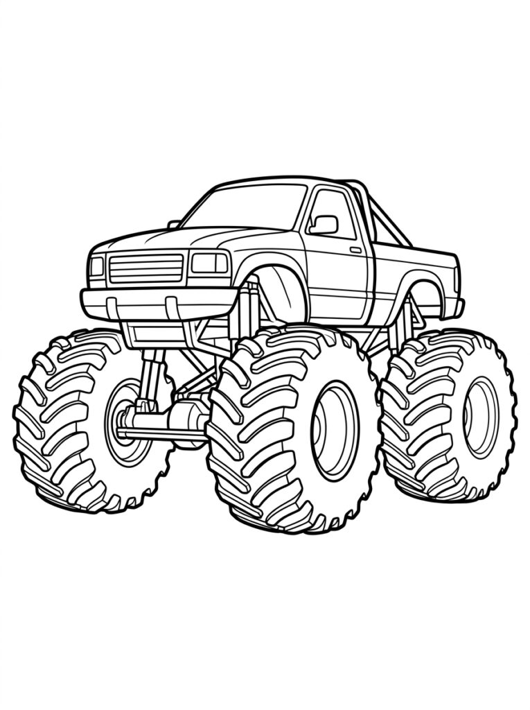 Kleurplaat van een monstertruck in zijaanzicht met gedetailleerde wielen en vering