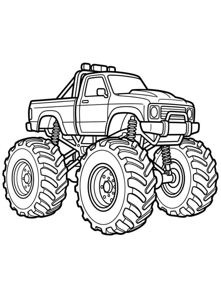 Kleurplaat van een monstertruck met lampen op het dak, grote grille en enorme banden