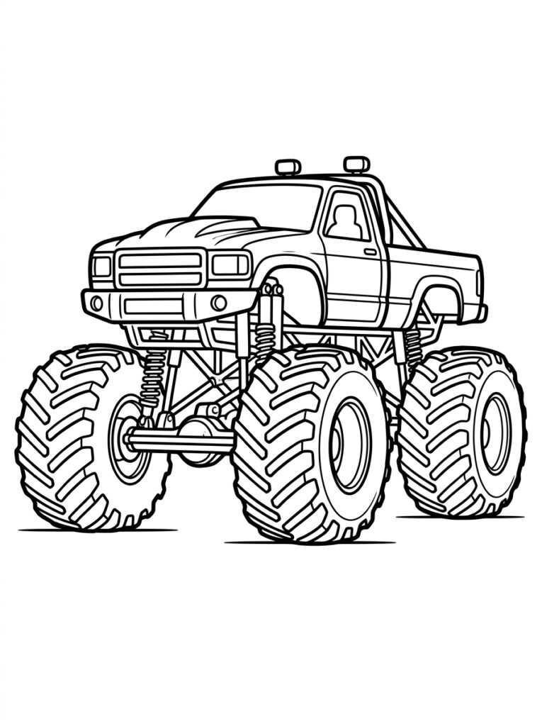 Kleurplaat van een monstertruck van voren met grote voorwielen, grille en vering