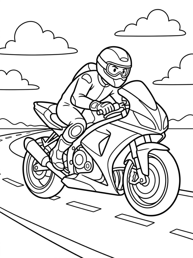 Kleurplaat van een motorrijder met helm en pak op een sportmotorfiets op een weg met wolken
