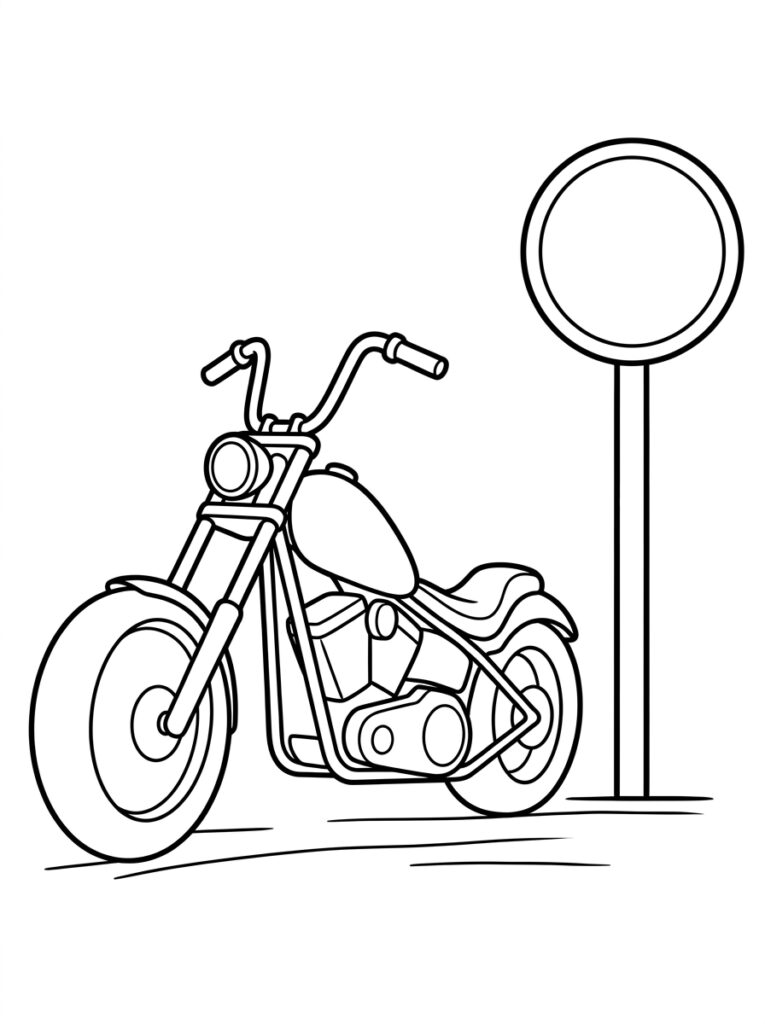 Kleurplaat van een chopper motorfiets naast een rond bord