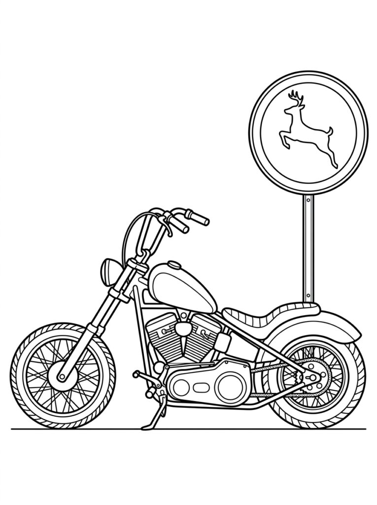 Kleurplaat van een motorfiets naast een rond bord met een hert