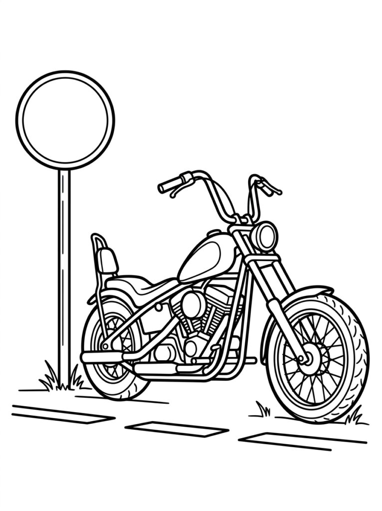 Kleurplaat van een motorfiets naast een rond bord met gras