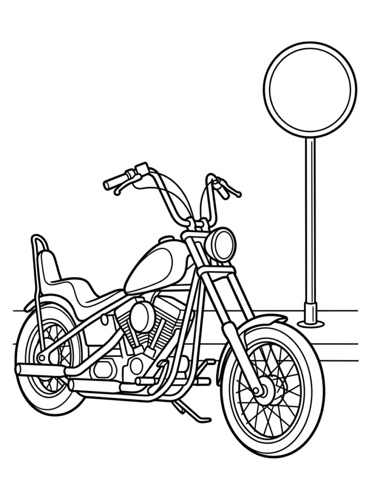 Kleurplaat van een motorfiets met rugleuning naast een rond bord