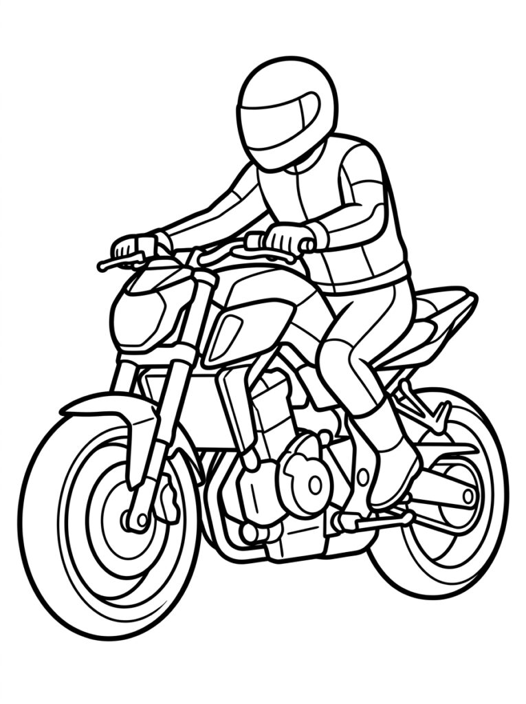 Kleurplaat van een motorrijder met helm op een motorfiets