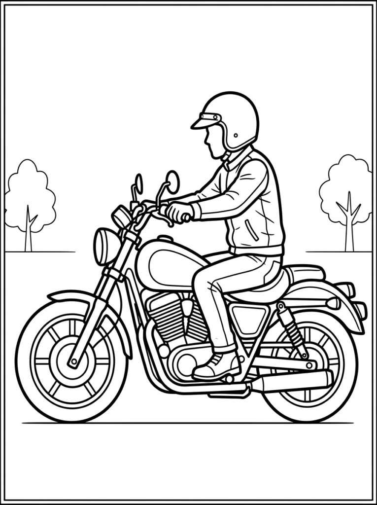 Kleurplaat van een motorrijder met helm op een motorfiets met bomen op de achtergrond