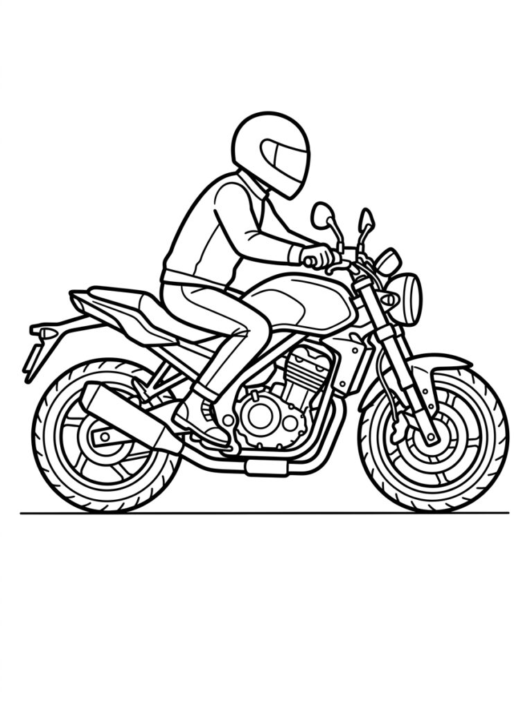 Kleurplaat van een motorrijder met helm en jas op een motorfiets