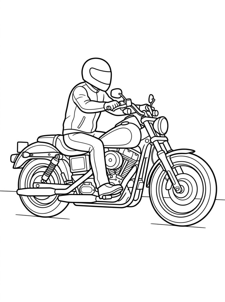 Kleurplaat van een motorrijder met helm op een motorfiets