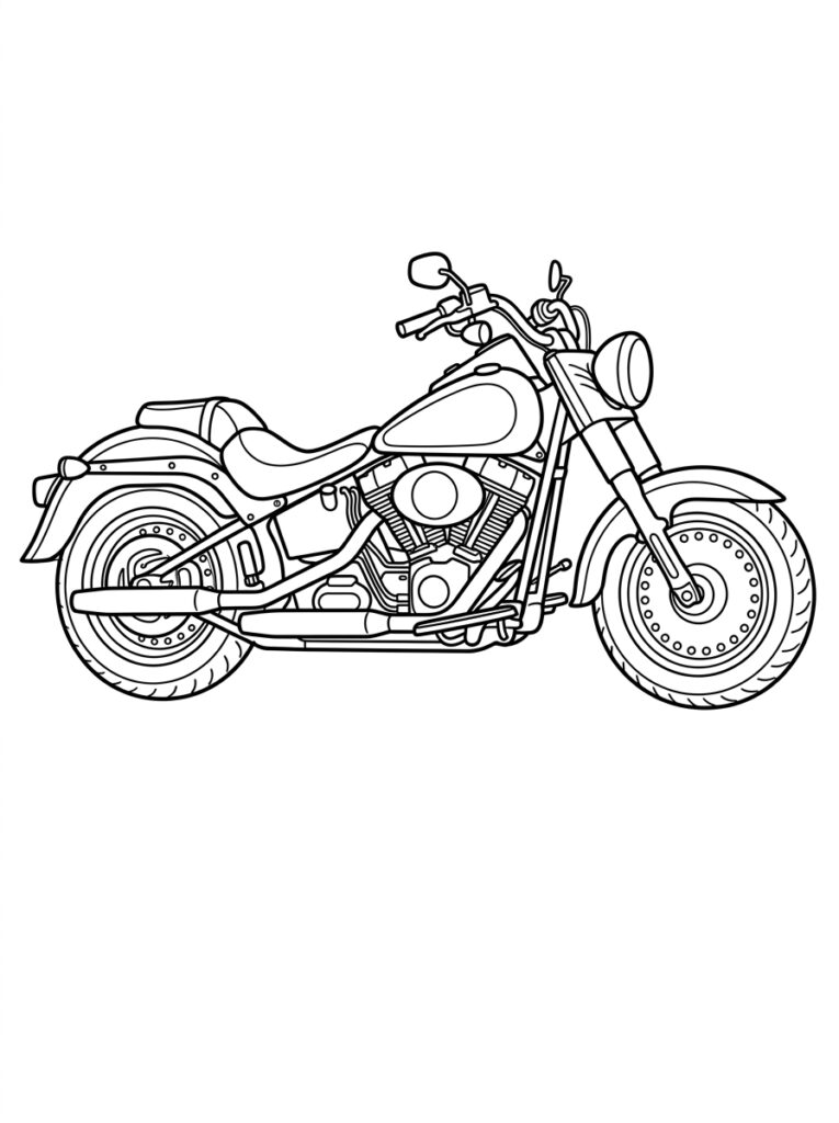 Kleurplaat van een motorfiets met motorblok en wielen
