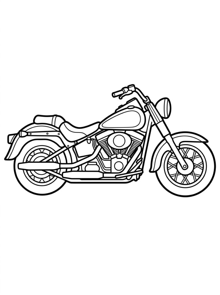 Kleurplaat van een motorfiets met tank en wielen