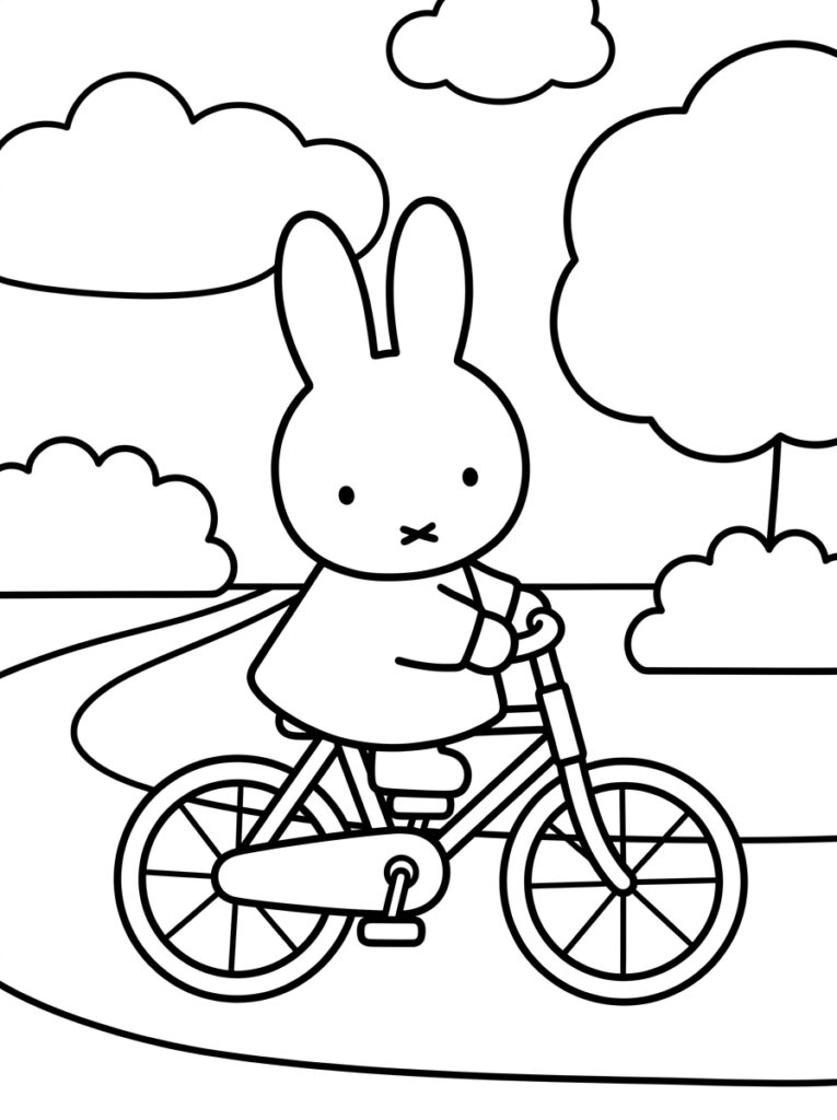 Kleurplaat van Nijntje op een fiets op een weg met wolken