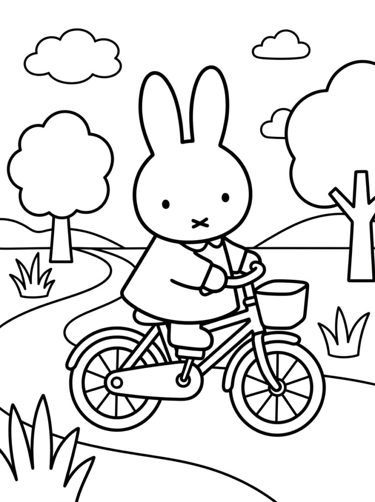 Kleurplaat van Nijntje op een fiets met mand tussen bomen en gras