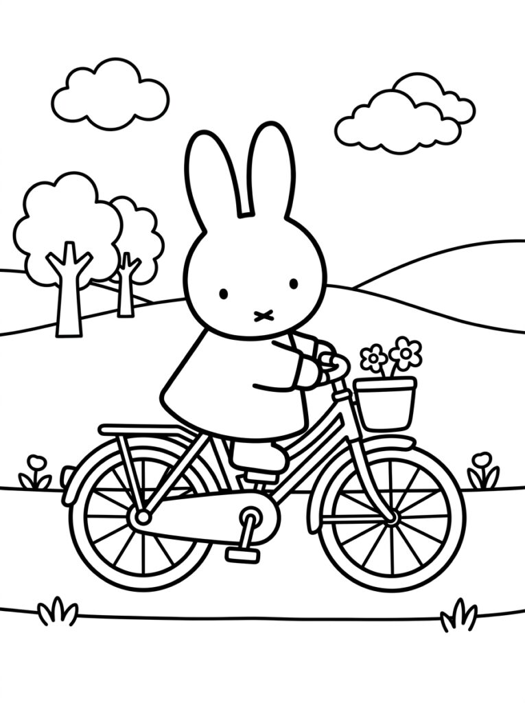 Kleurplaat van Nijntje op een fiets met bloemen in de mand en bomen