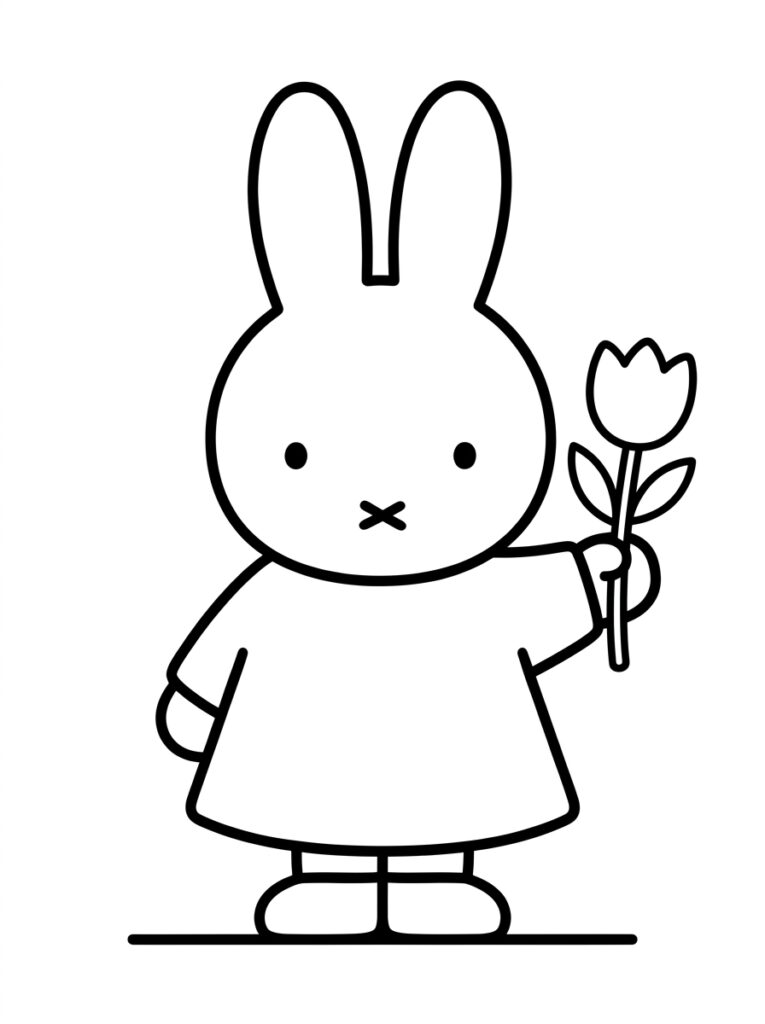 Kleurplaat van Nijntje staand met een tulp in de hand