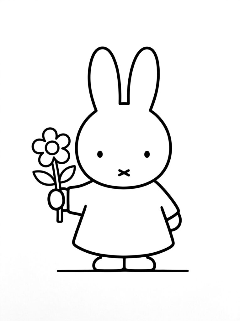 Kleurplaat van Nijntje staand met een bloem in de hand