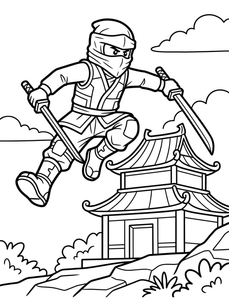 Kleurplaat van een ninja die met twee zwaarden springt over een pagode met wolken en rotsen