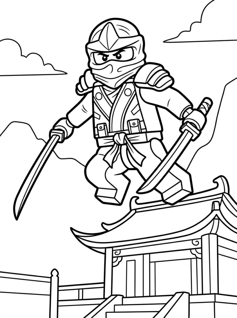 Kleurplaat van een LEGO ninja met twee zwaarden balancerend op een dak