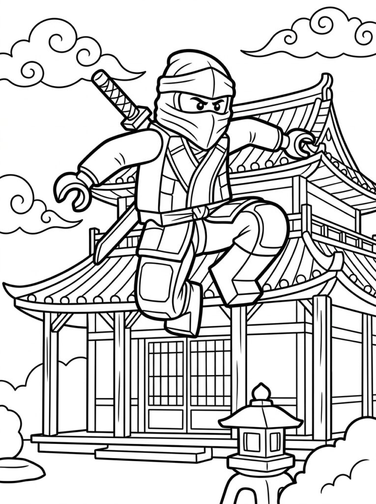 Kleurplaat van een ninja die een hoge trap uitvoert voor een tempel met lantaarn en wolken