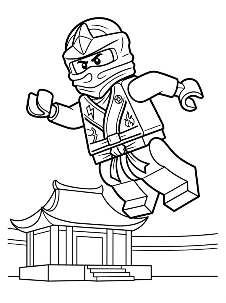 Kleurplaat van een LEGO ninja rennend met vuur en bliksem symbolen op zijn vest