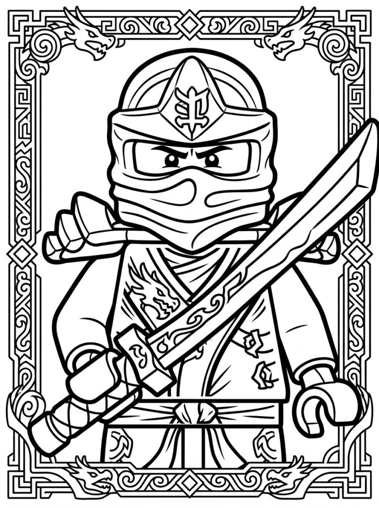 Kleurplaat van een ninja met zwaard in een ornamentale lijst met drakenkoppen