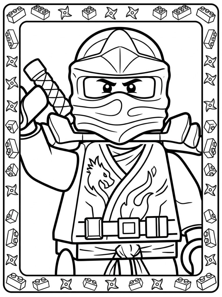 Kleurplaat van een ninja met zwaard in een kader van LEGO stenen en werpsterren