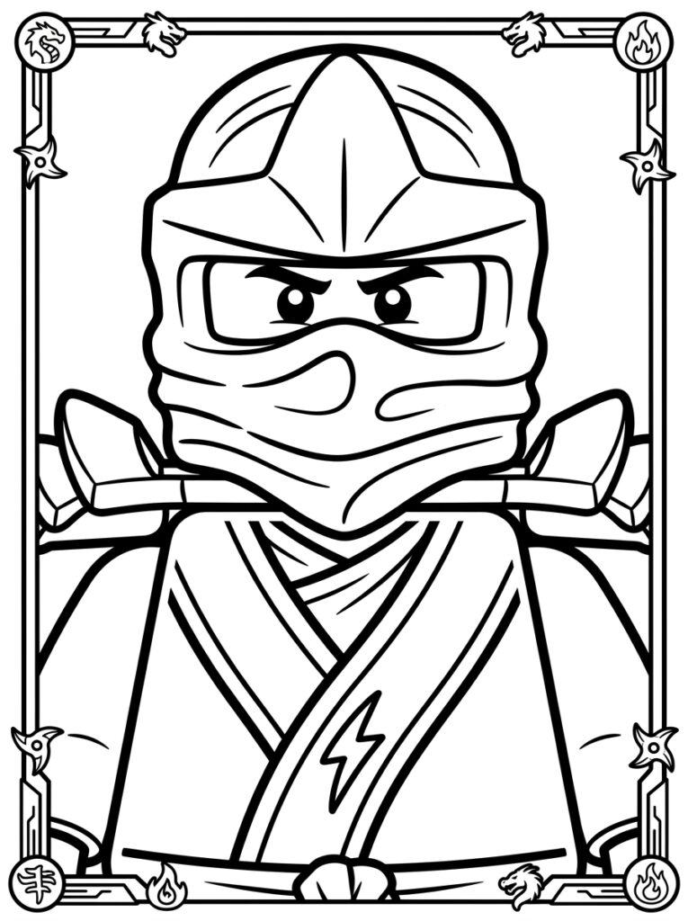Kleurplaat van een close-up van een ninja met bliksemsymbool in een decoratieve lijst
