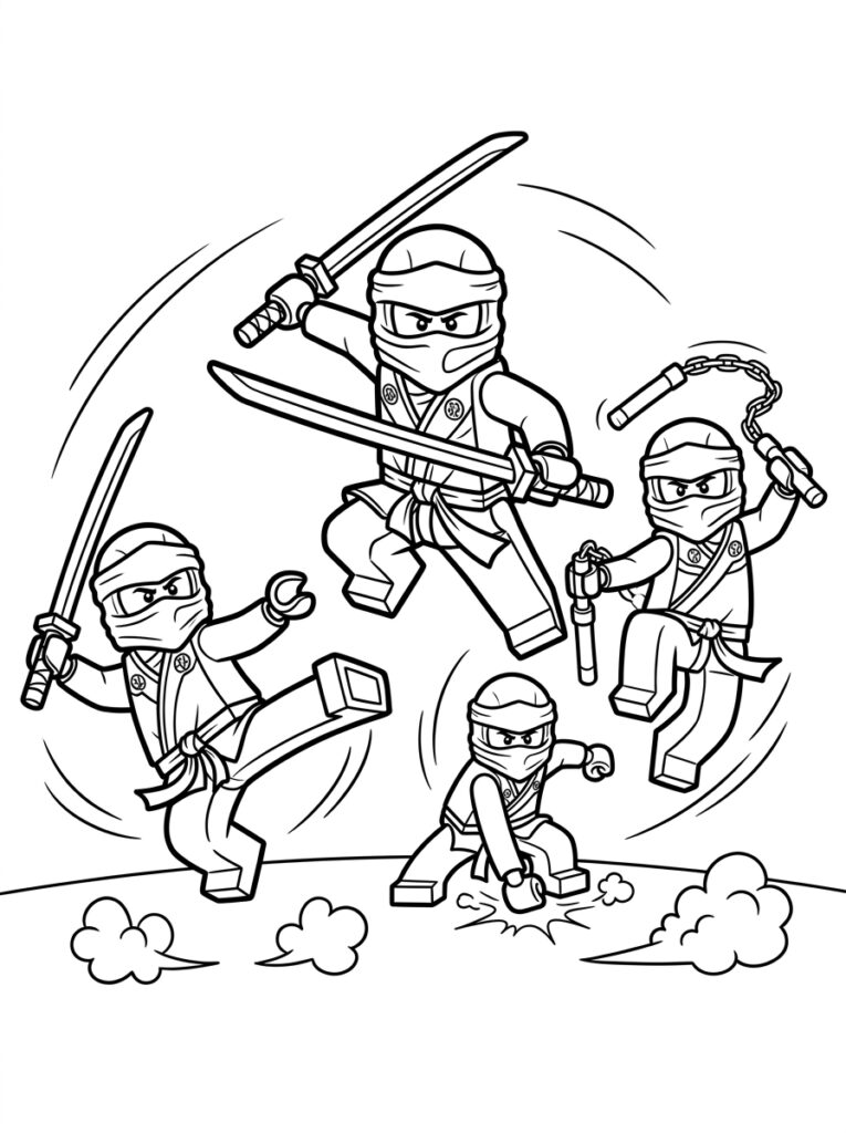 Kleurplaat van vier ninjas in dynamische poses met zwaarden, nunchucks en bewegingseffecten