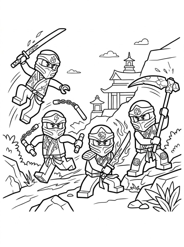Kleurplaat van vier ninjas met zwaard, nunchucks en zeis in een landschap met tempel en rotsen
