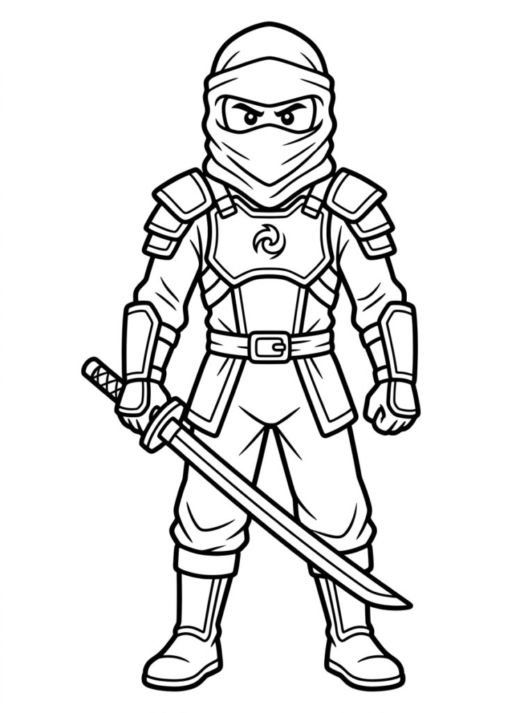 Kleurplaat van een ninja met spiraalsymbool op borst en zwaard in hand