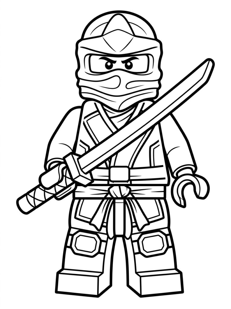 Kleurplaat van een LEGO ninja met zwaard diagonaal over de borst