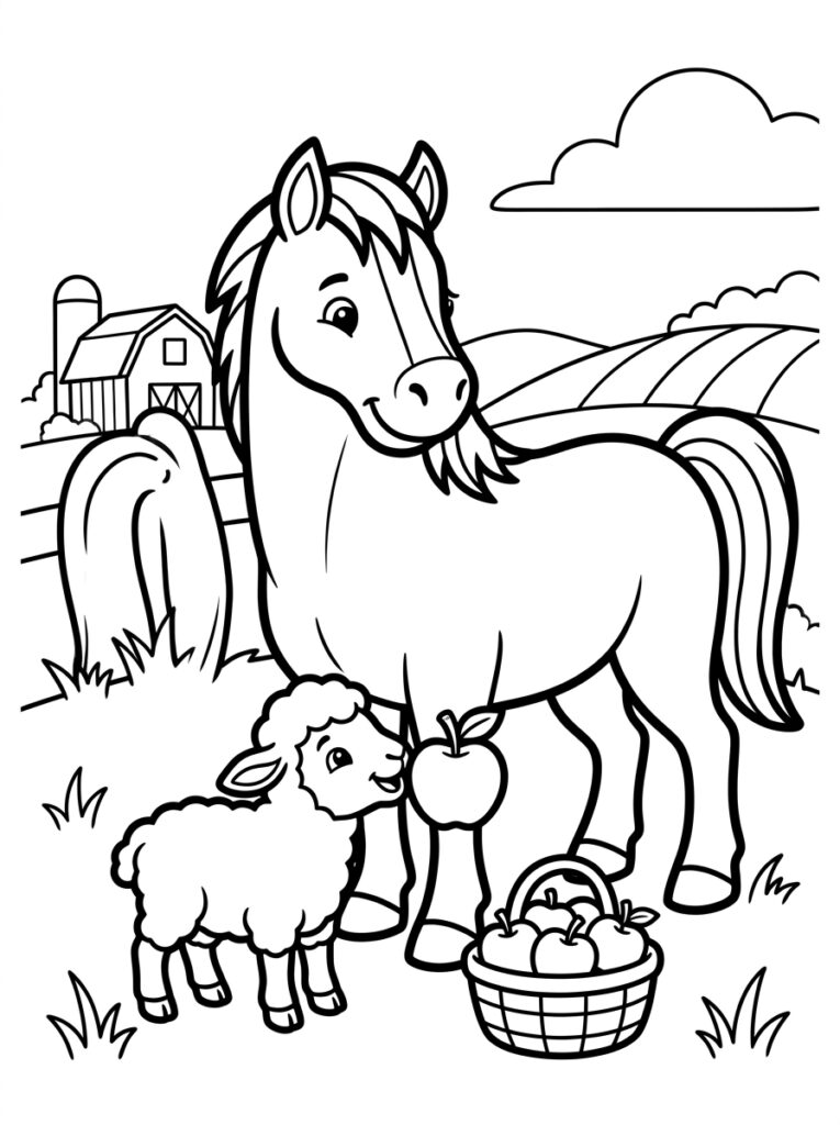 Paard en schaap bij mand met appels