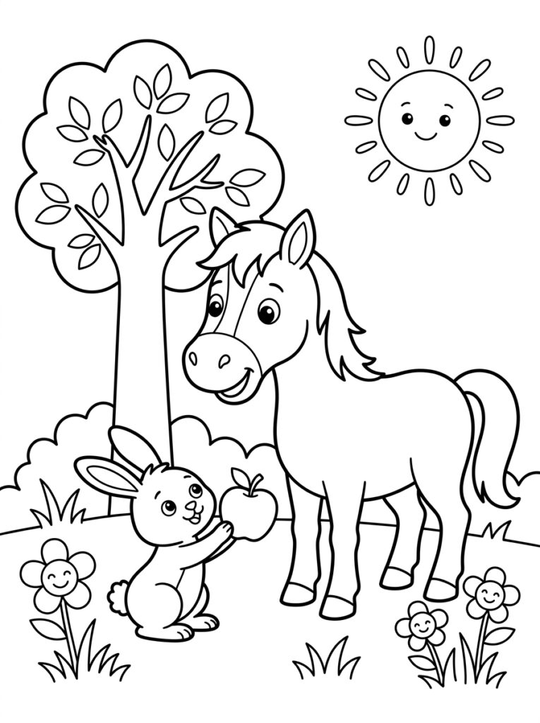 Paard en konijn onder lachende zon met appel